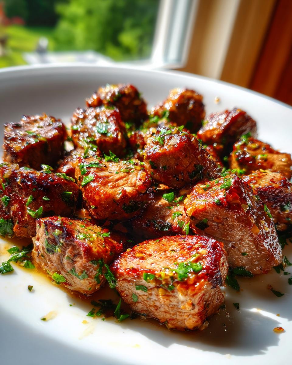 Close-up of perfectly seared garlic butter steak bites glistening with sauce and topped with fresh parsley.