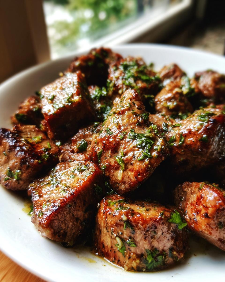 Close-up of seared garlic butter steak bites coated in herbs and butter sauce on a white plate.
