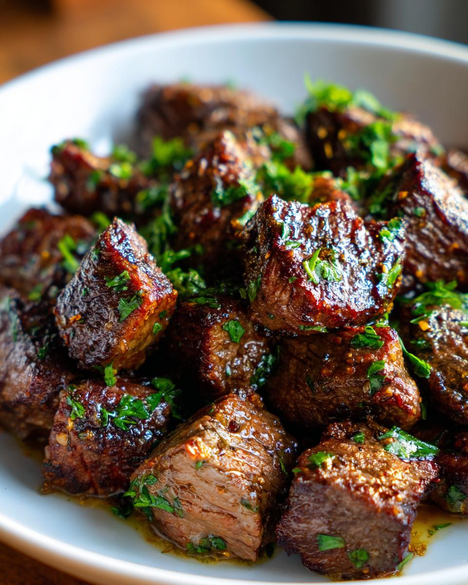 Close-up of juicy garlic butter steak bites seasoned with parsley in a white bowl.