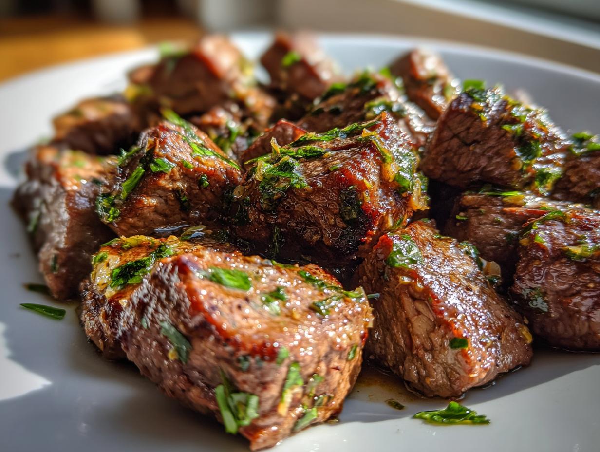 Close-up of perfectly seared garlic butter steak bites drizzled with herb butter.