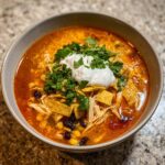 A close-up of a hearty bowl of chicken tortilla soup topped with sour cream, cilantro, and tortilla strips.