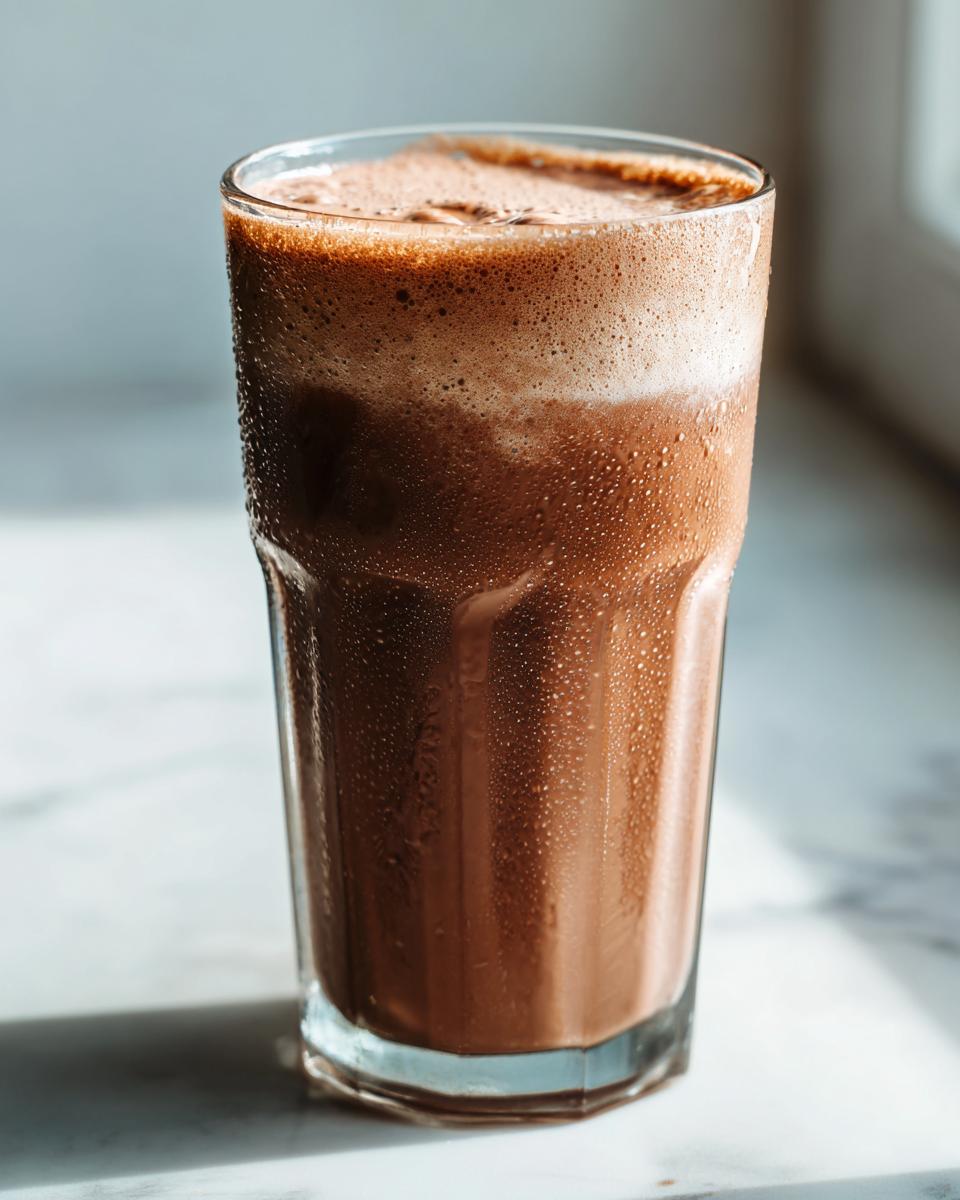 Close-up of a tall, sweating glass filled with rich, foamy chocolate milk sitting on a white marble surface.