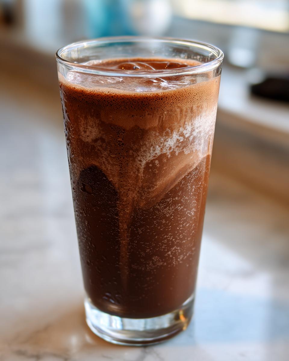 A tall glass filled with rich, frothy homemade chocolate milk sitting on a marble surface.