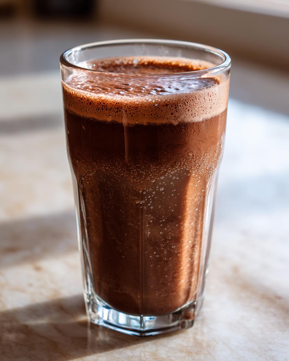 A tall glass filled with rich, frothy chocolate milk, sitting on a light marble surface.