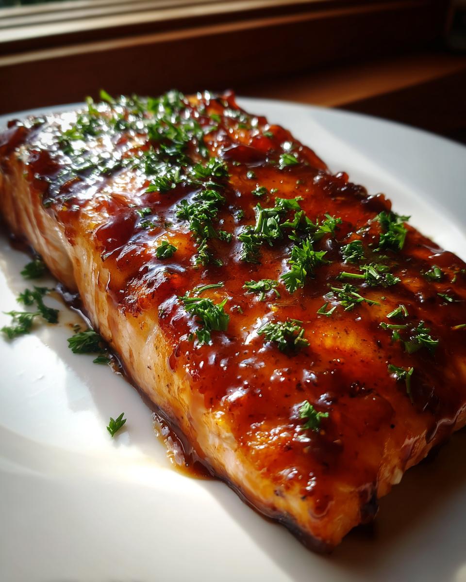 A close-up of a perfectly baked salmon fillet covered in a shiny, dark glaze and sprinkled with fresh parsley.