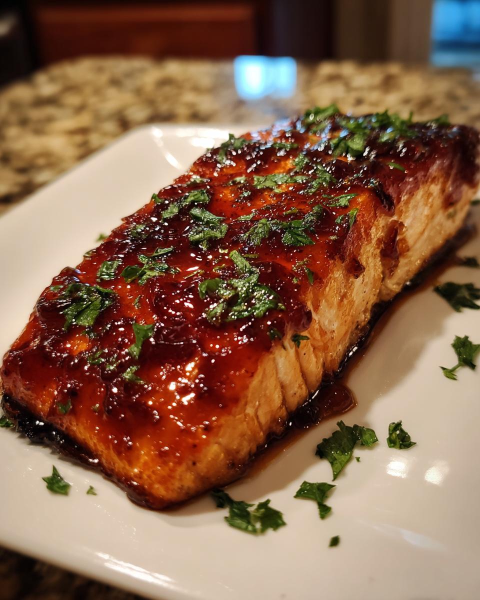 A perfectly baked salmon fillet coated in a shiny, dark glaze and topped with fresh chopped parsley.