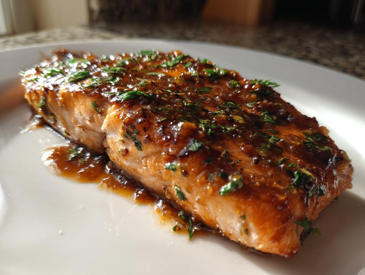 Close-up of a perfectly baked salmon fillet covered in a rich, dark glaze and sprinkled with fresh green herbs.