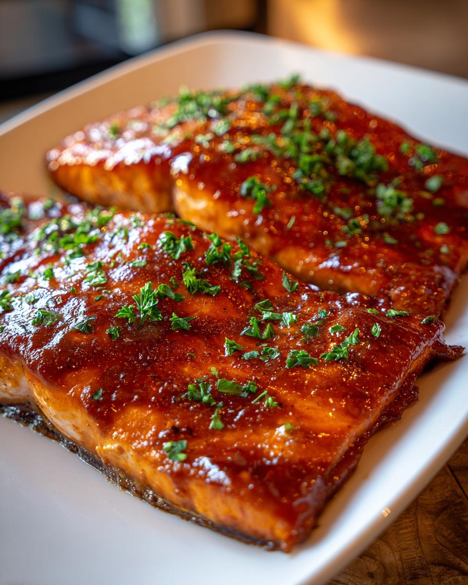 Two moist baked salmon fillets covered in a rich, dark glaze and sprinkled with fresh parsley.