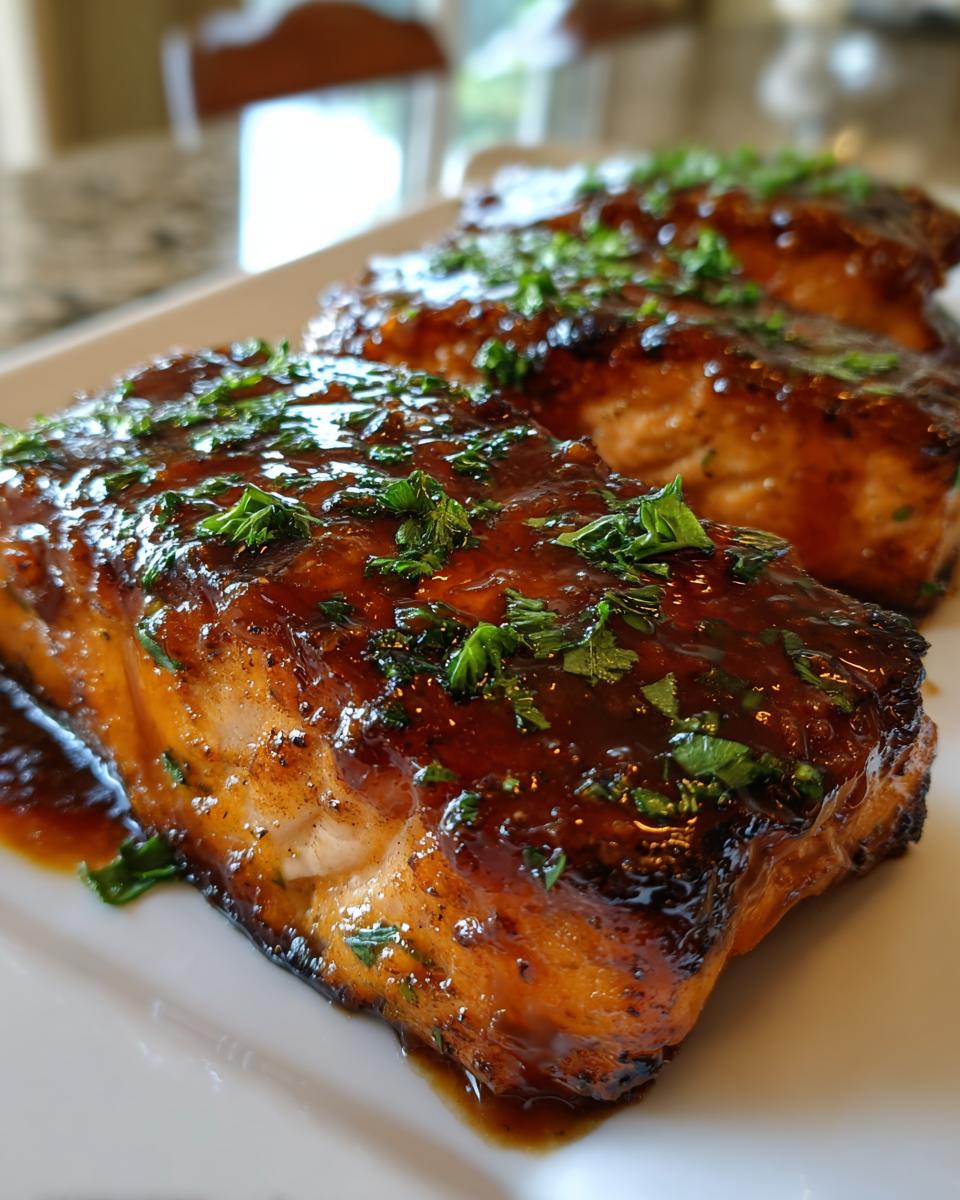 Close-up of three baked salmon fillets covered in a dark, shiny glaze and sprinkled with fresh parsley.