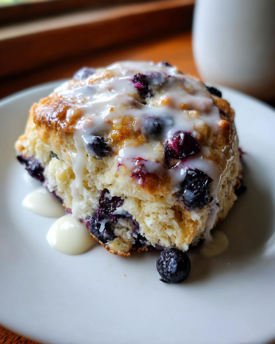 A close-up of a single, thick blueberry scone topped with white glaze, served on a white plate.