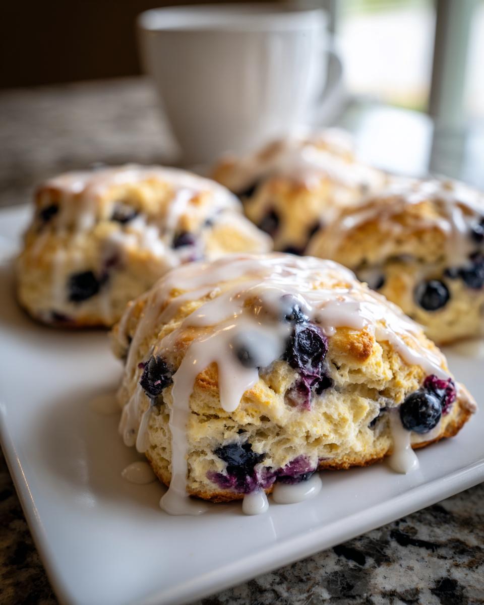 Close-up of a freshly baked blueberry scone drizzled with white glaze, served with other blueberry scones.