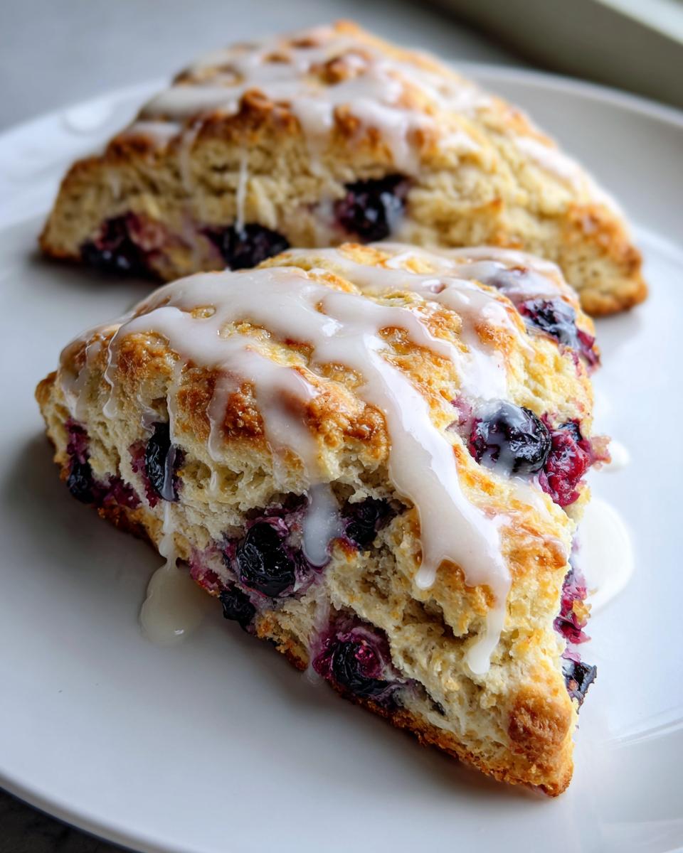 Close-up of two triangular blueberry scones topped with thick white glaze on a white plate.