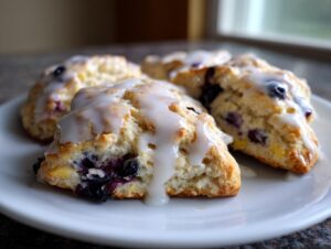 Four homemade blueberry scones drizzled with thick white glaze, served on a white plate.
