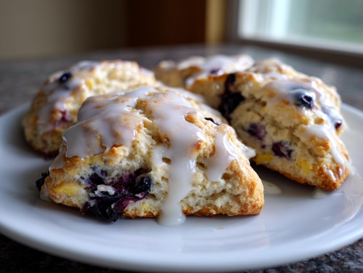 Four homemade blueberry scones drizzled with thick white glaze, served on a white plate.
