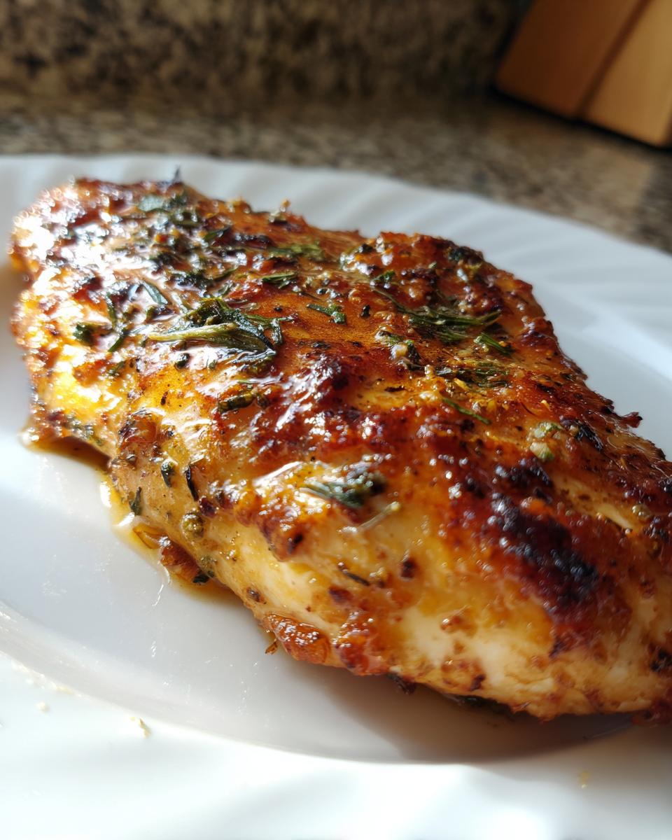 Close-up of a perfectly cooked, glazed caesar chicken breast topped with visible green herbs.