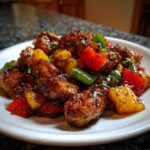 Close-up of glazed chicken pieces mixed with pineapple, red, and green peppers from the hawaiian chicken sheet pan recipe.