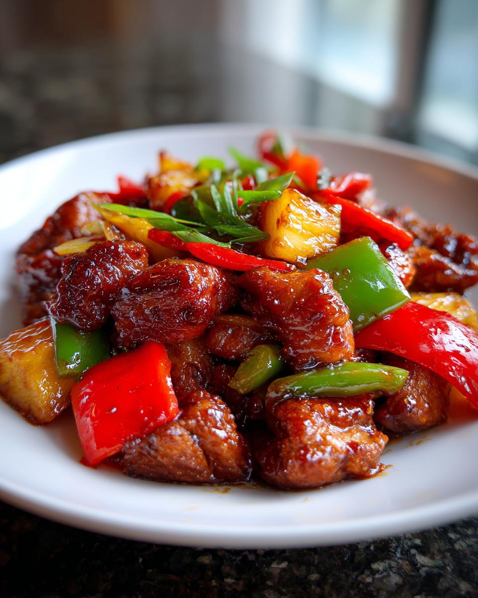 Close-up of glazed chicken pieces mixed with pineapple, red, and green peppers, reminiscent of hawaiian chicken sheet pan.