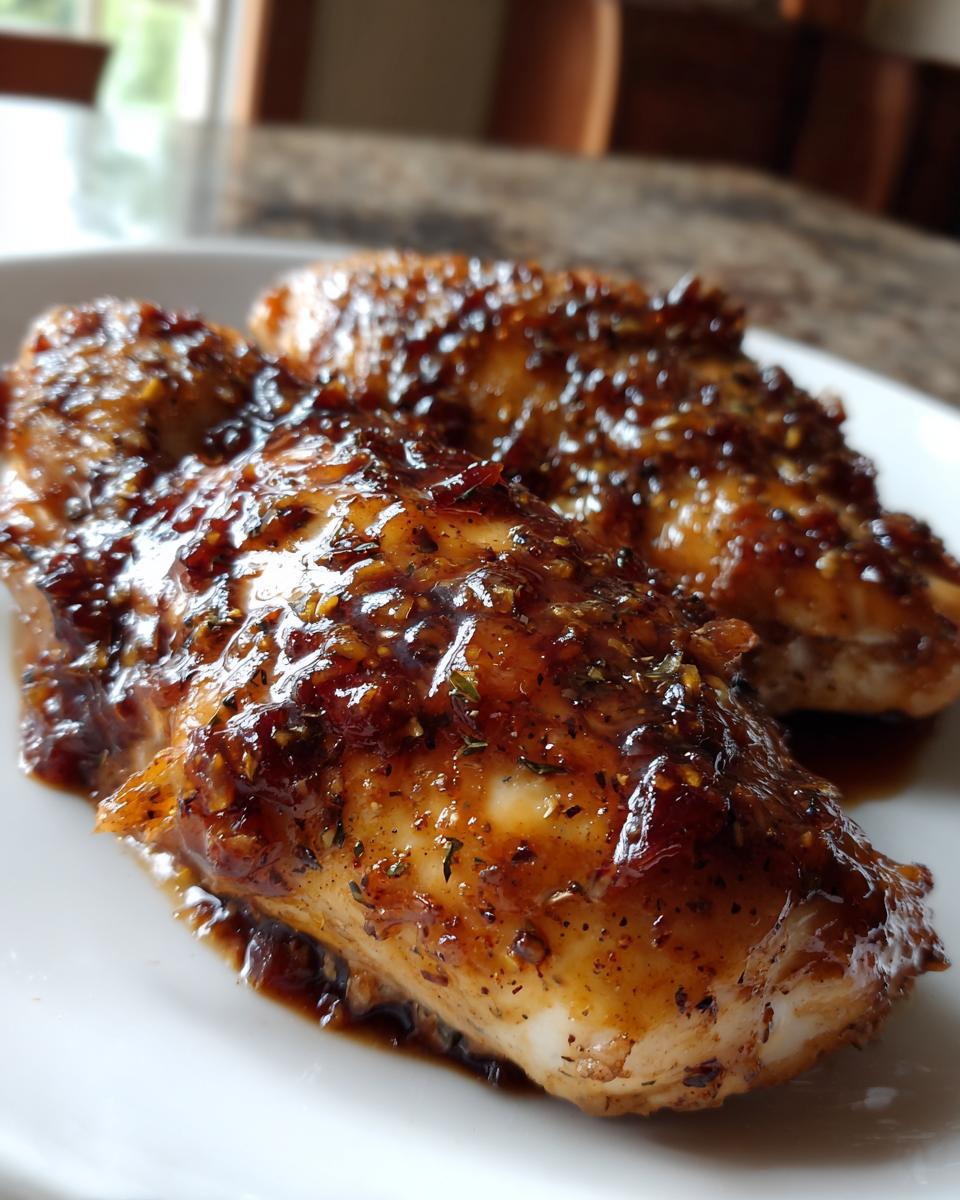 Close-up of two juicy chicken breasts coated in a thick, glossy cranberry glaze with visible herbs.