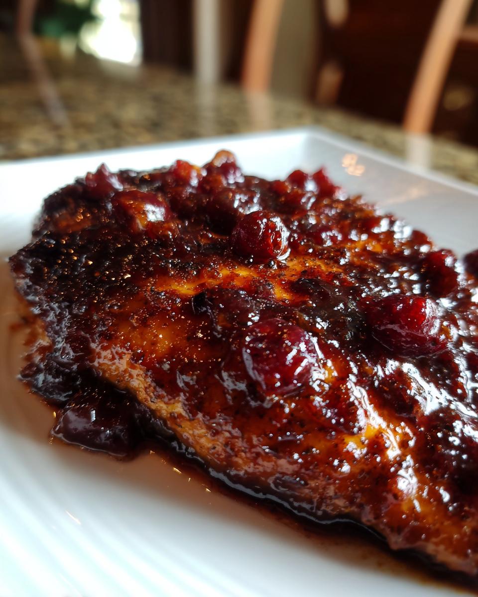 Close-up of a baked chicken breast covered in a thick, dark, glossy cranberry glaze with visible whole cranberries.