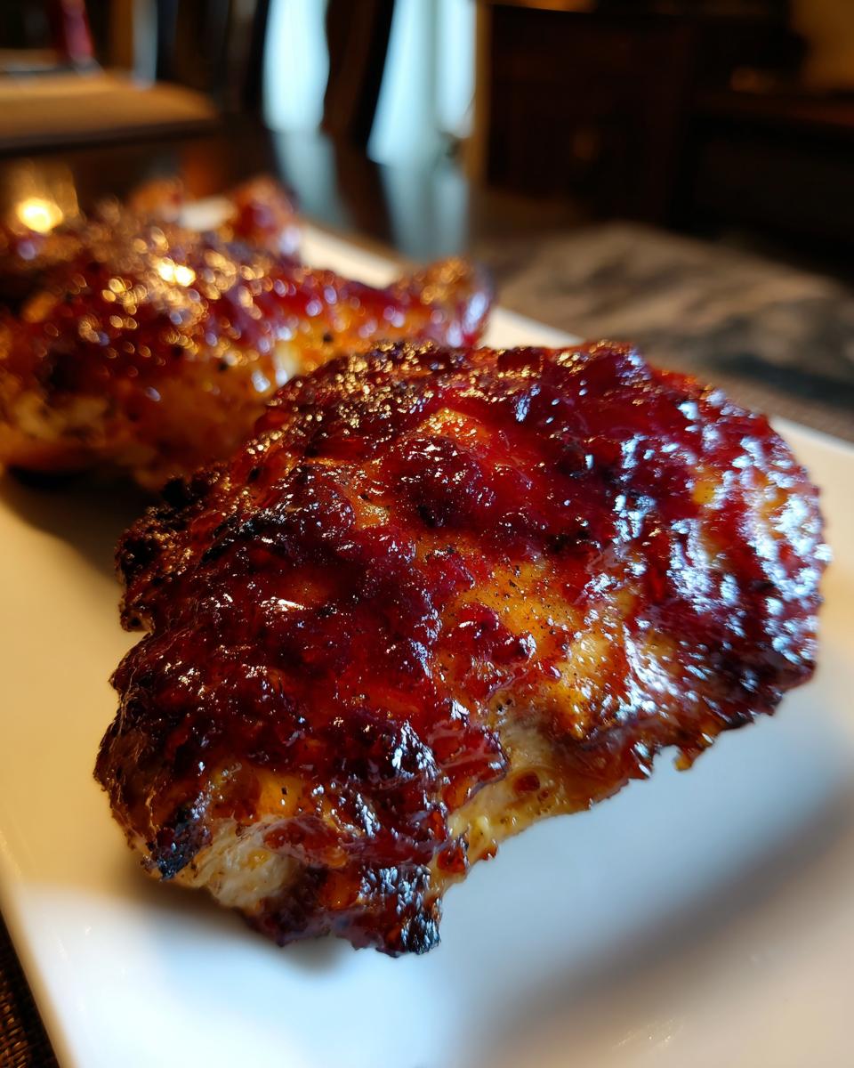 Close-up of a piece of baked cranberry chicken with a thick, shiny, dark red glaze.