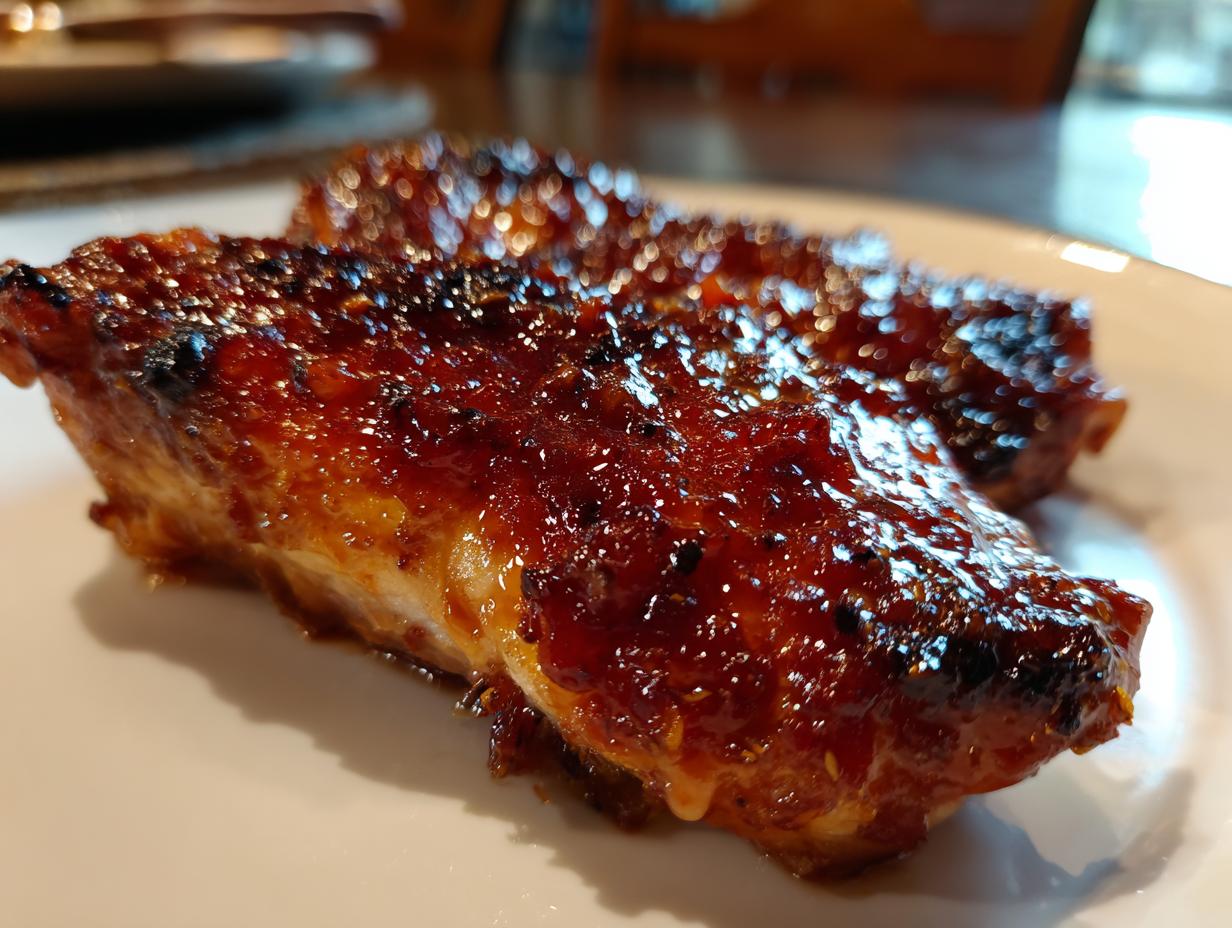 Close-up of a piece of baked cranberry chicken with a thick, glossy, caramelized glaze.