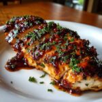 Close-up of sliced cranberry chicken breast coated in a thick, dark glaze and topped with fresh parsley.