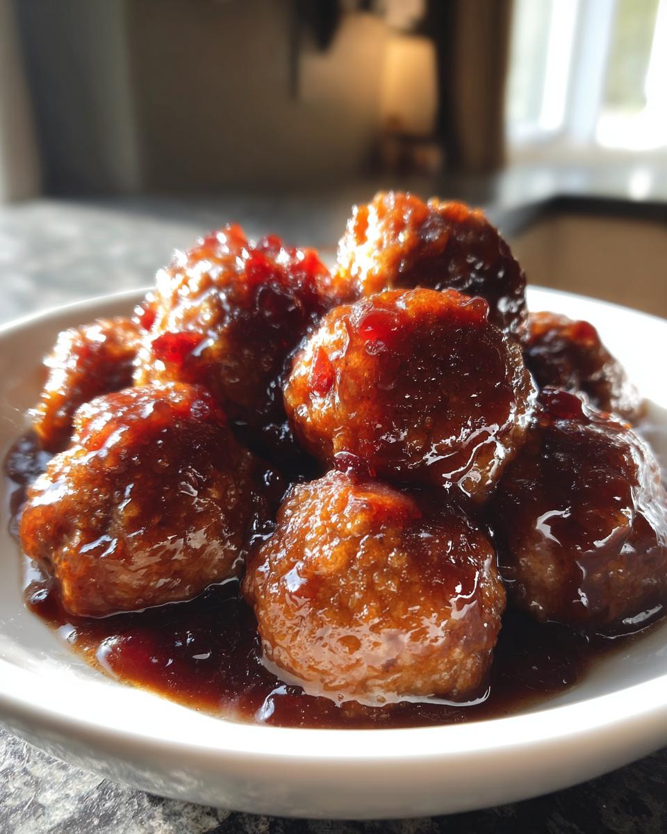 Close-up of glazed cranberry meatballs soaking in a rich, dark sauce in a small white serving bowl.