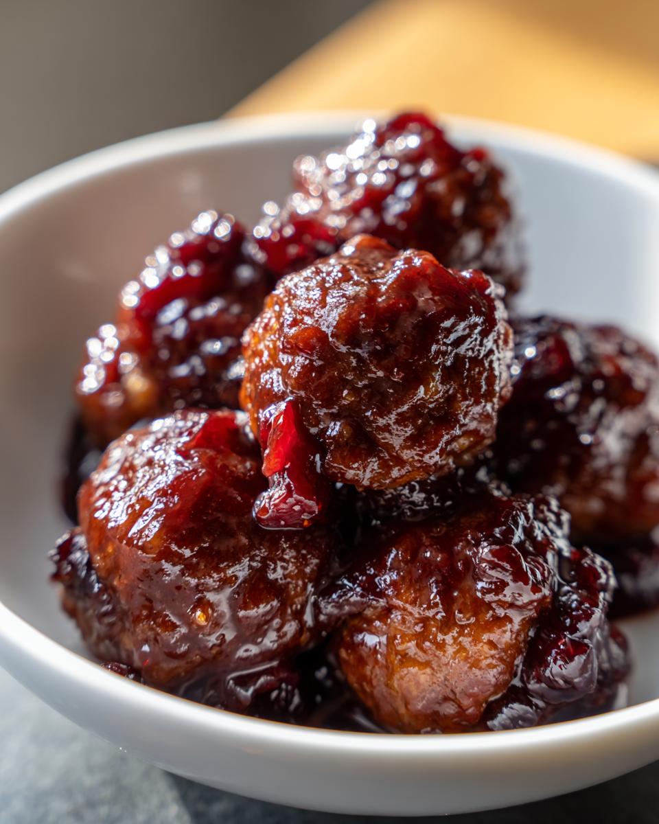 Close-up of several glossy, dark red cranberry meatballs piled in a small white serving bowl.