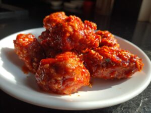 Close-up of several pieces of crispy korean fried chicken coated in a thick, glossy red sauce.