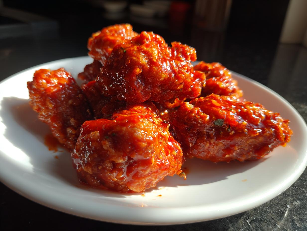Close-up of several pieces of crispy korean fried chicken coated in a thick, glossy red sauce.