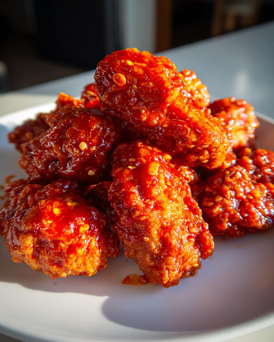 Close-up of crispy, saucy korean fried chicken pieces piled high on a white plate, glistening with red glaze.