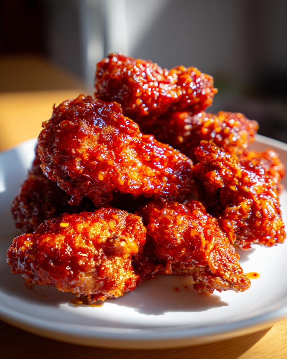 A pile of crispy, bright red, glazed korean fried chicken wings stacked on a white plate.