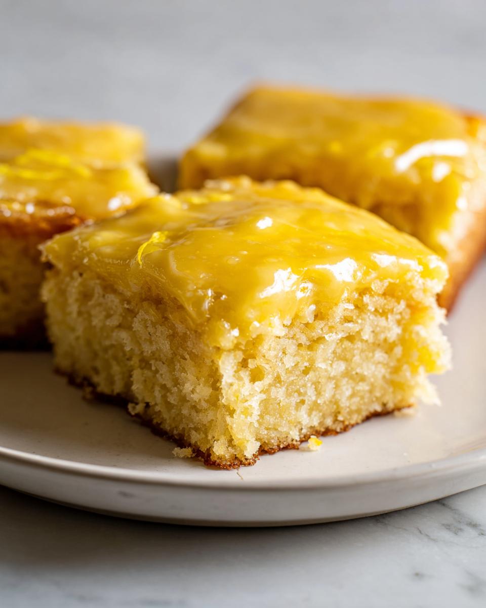 Three squares of moist lemon brownies topped with a thick, glossy yellow lemon glaze.