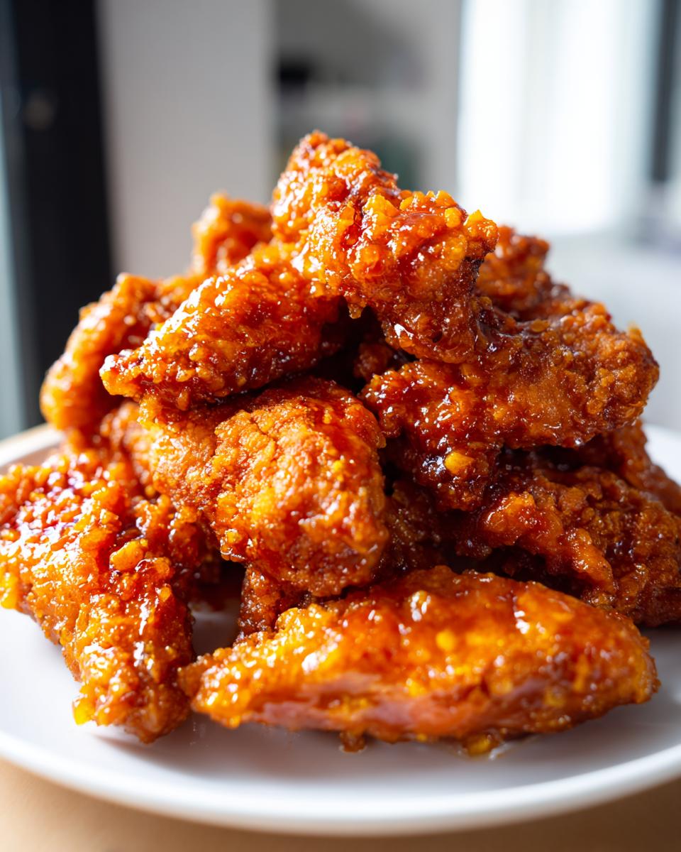 Close-up of crispy, glazed pieces of orange chicken recipe piled high on a white plate.