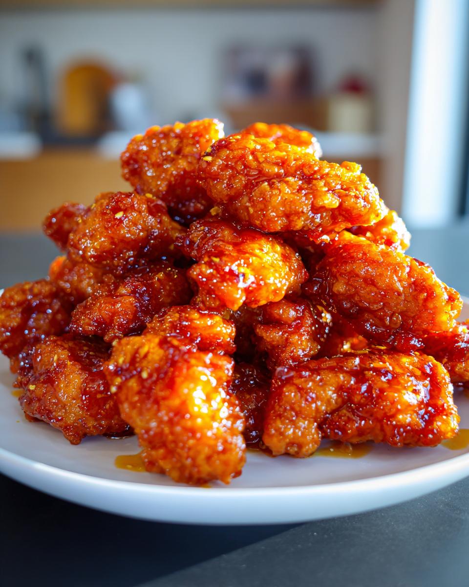 A pile of crispy, glazed pieces of orange chicken recipe piled high on a white plate.