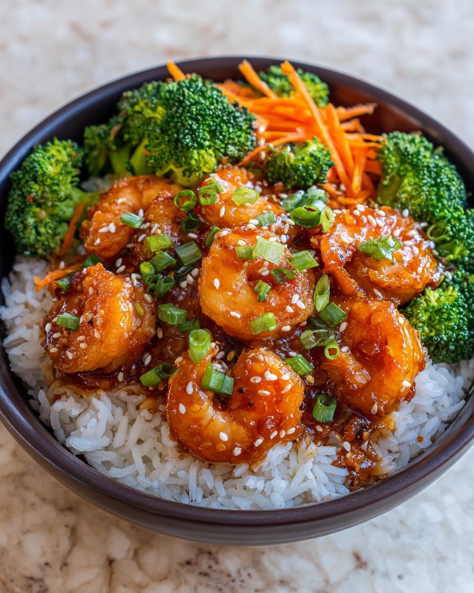 A close-up of a delicious shrimp bowl featuring glazed shrimp over white rice, topped with broccoli, shredded carrots, and green onions.