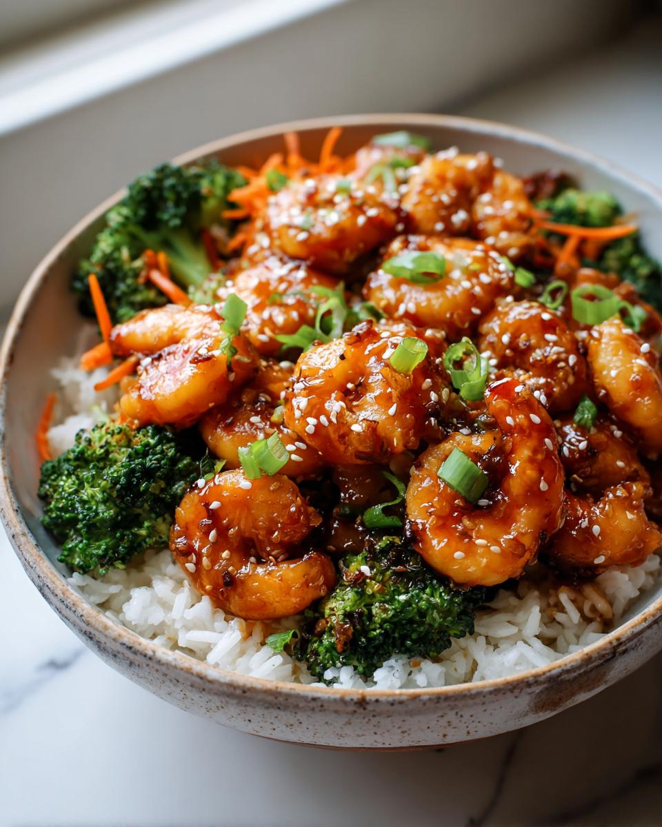 Close-up of a delicious shrimp bowl featuring glazed shrimp, steamed broccoli, and white rice, topped with sesame seeds.