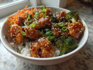 A close-up of a delicious shrimp bowl featuring glazed shrimp, broccoli florets, shredded carrots, and white rice, topped with sesame seeds.