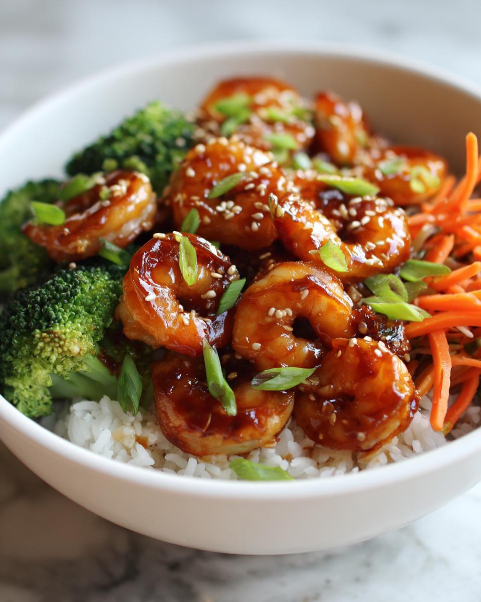 Close-up of a delicious shrimp bowl featuring glazed shrimp, steamed broccoli, shredded carrots, and white rice.