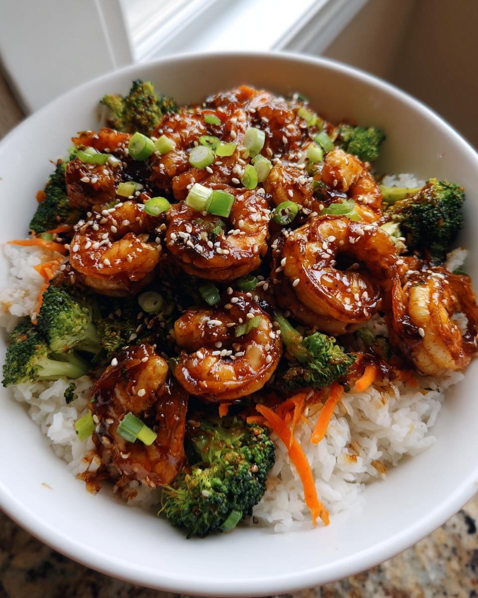 A close-up of a delicious shrimp bowl featuring glazed shrimp, steamed broccoli, and white rice, garnished with sesame seeds.