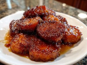 A pile of thick-cut, caramelized southern candied yams smothered in a rich, shiny brown sugar glaze on a white plate.