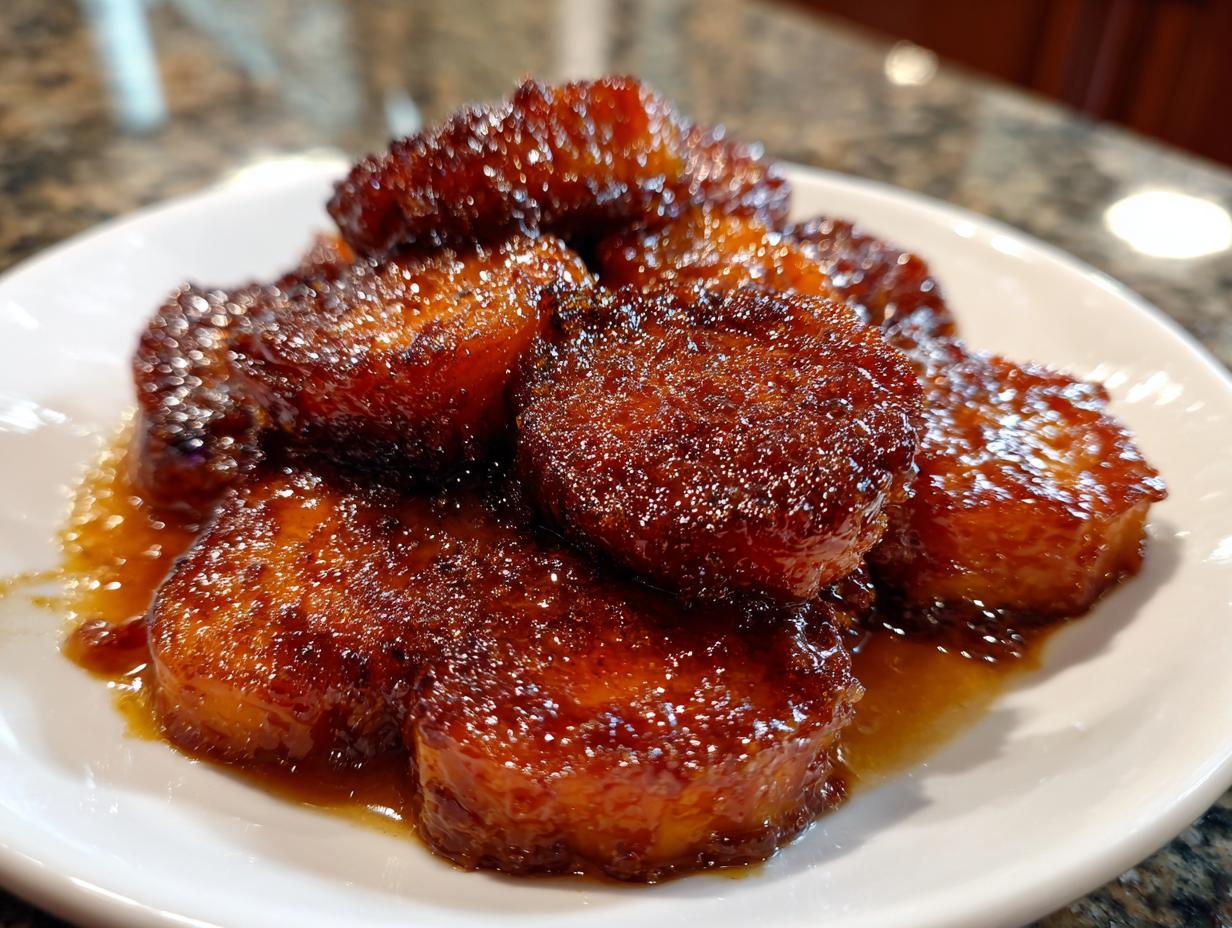 A pile of thick-cut, caramelized southern candied yams smothered in a rich, shiny brown sugar glaze on a white plate.