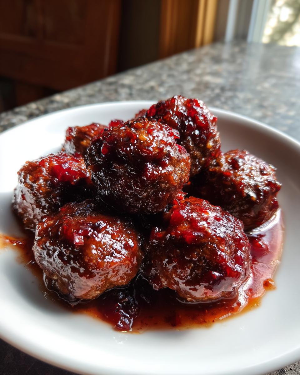 A close-up of several glossy cranberry meatballs coated in a thick, dark red sauce served in a white bowl.
