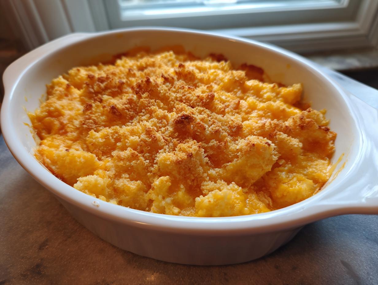 A white oval baking dish filled with cheesy baked mashed potatoes topped with a golden brown crumb crust.