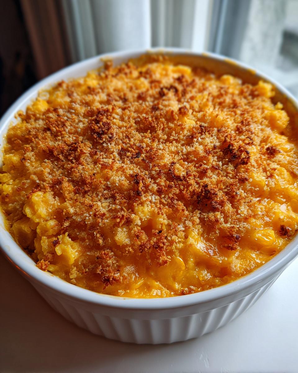 Close-up of creamy baked mashed potatoes with a golden brown, crispy breadcrumb topping.