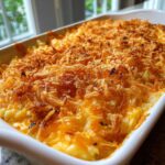 Close-up of a white baking dish filled with cheesy baked mashed potatoes topped with crispy, golden fried onions.