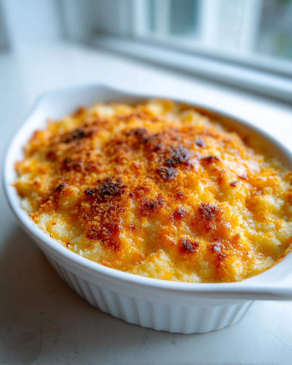 Close-up of creamy baked mashed potatoes with a golden, cheesy, and crispy breadcrumb topping.