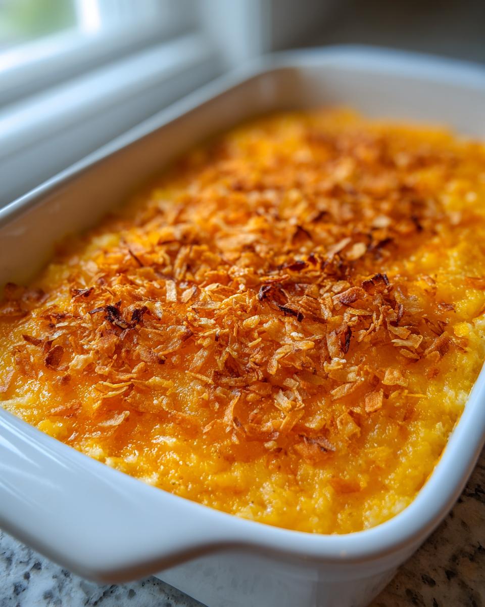 Close-up of cheesy baked mashed potatoes topped with crispy fried onions.