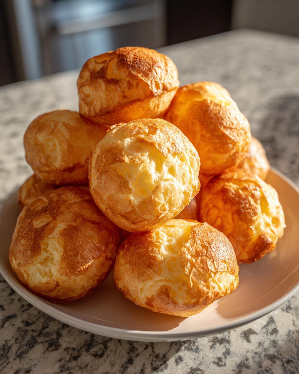 A stack of freshly baked, golden brown brazilian cheese bread (Pão de Queijo) piled on a light plate.