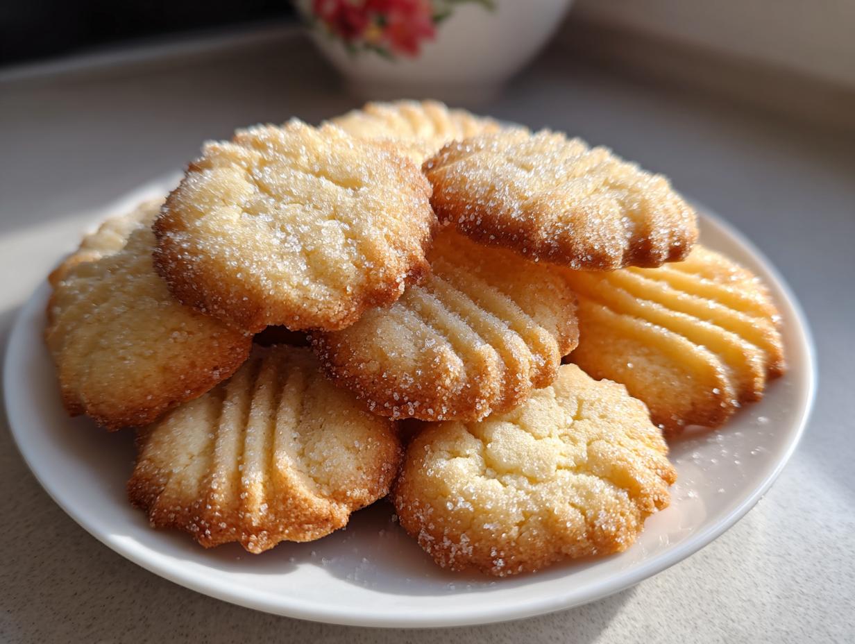 A stack of freshly baked, golden butter cookie treats sprinkled with coarse sugar on a white plate.